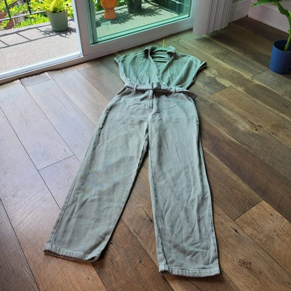 Zara Womens Sage Green Denim Belted Utility Jumpsuit Short Sleeve XS 1887/163